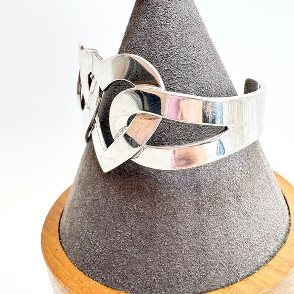 VTG Solid Sterling Silver 925 Heart Link Open Cuff Bracelet Size 7.5" Fit - Picture 3 of 14